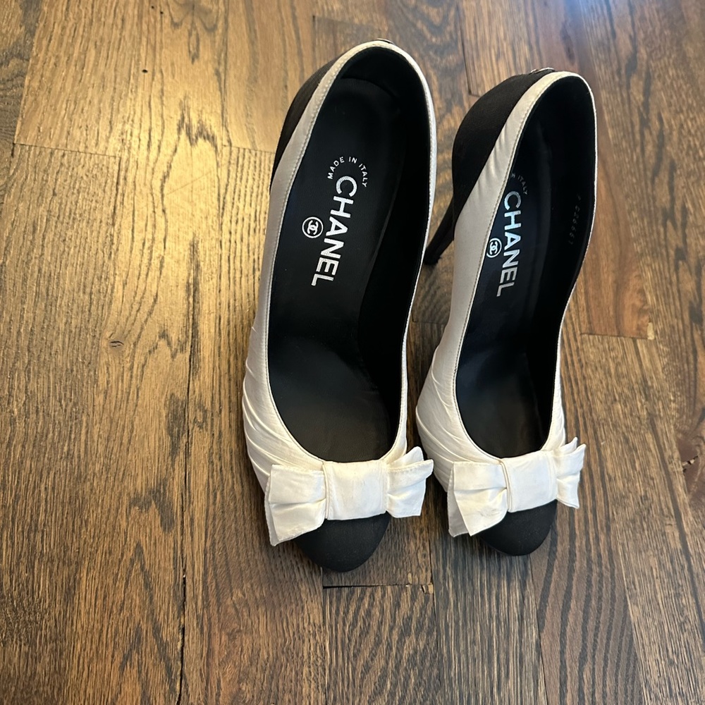 Classic Chanel black and white heels